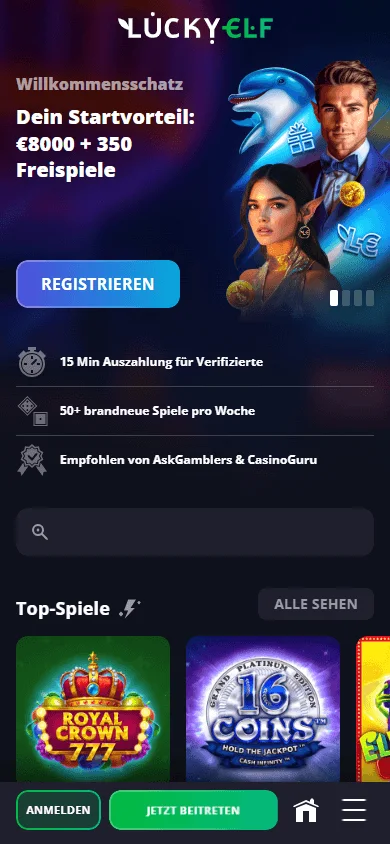LuckyElf Casino mobile home screen