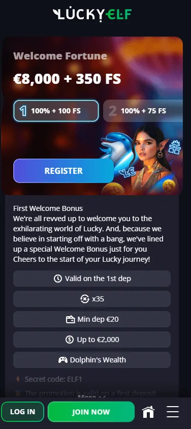 LuckyElf Casino mobile promotions area