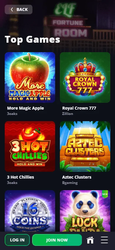 LuckyElf Casino mobile game selection