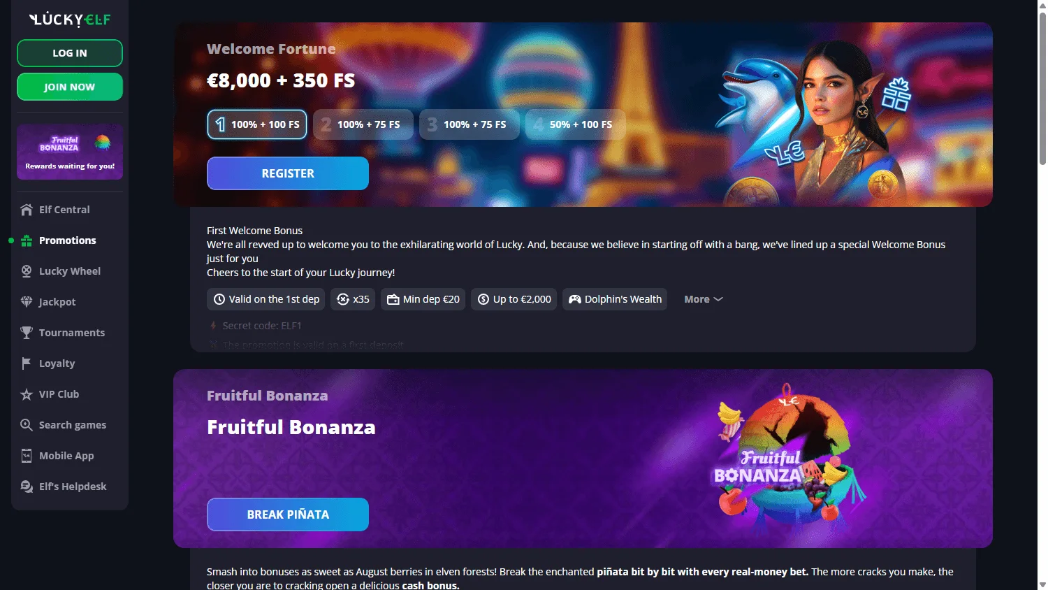 LuckyElf Casino desktop promotions area