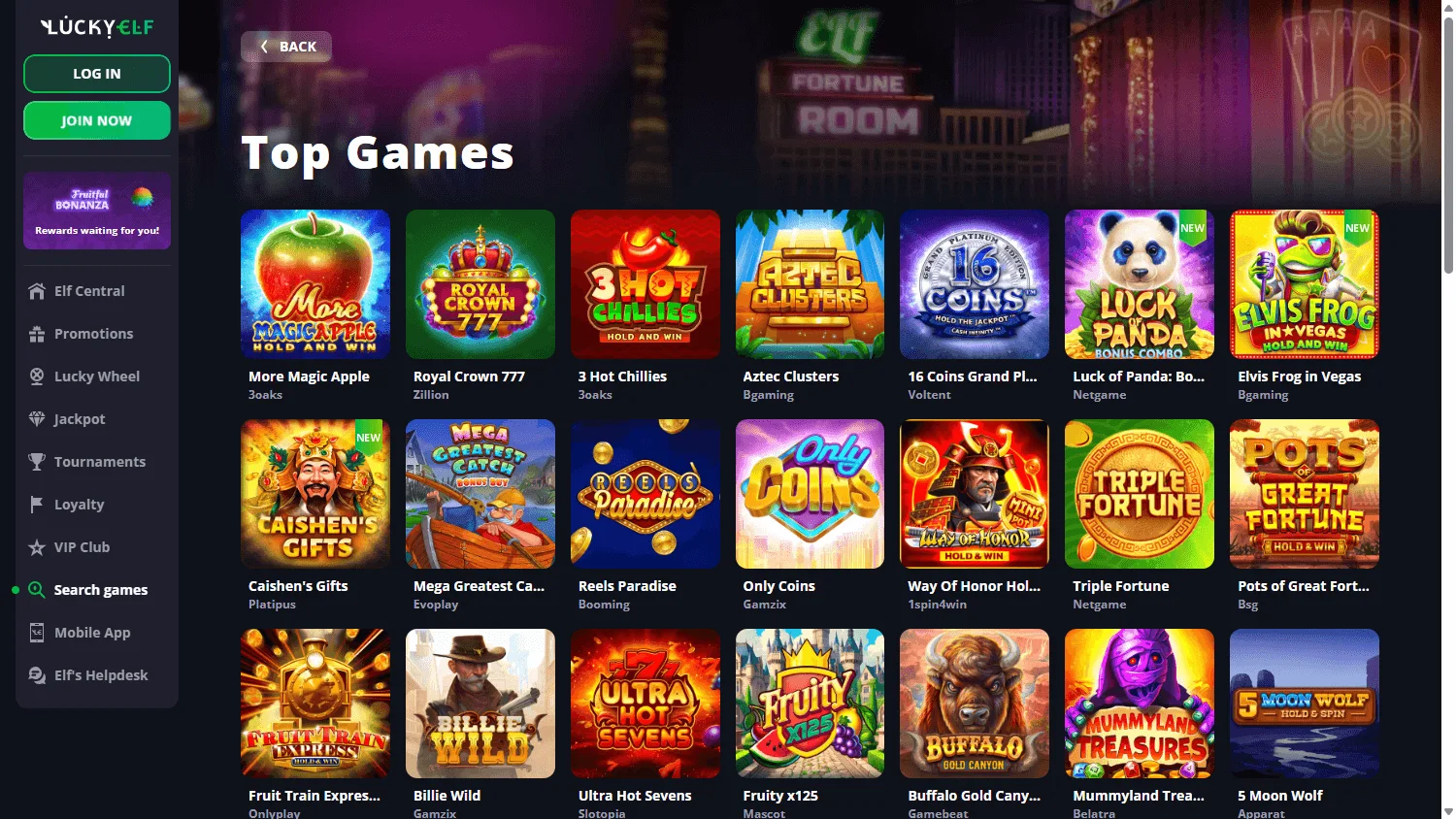 LuckyElf Casino desktop game selection
