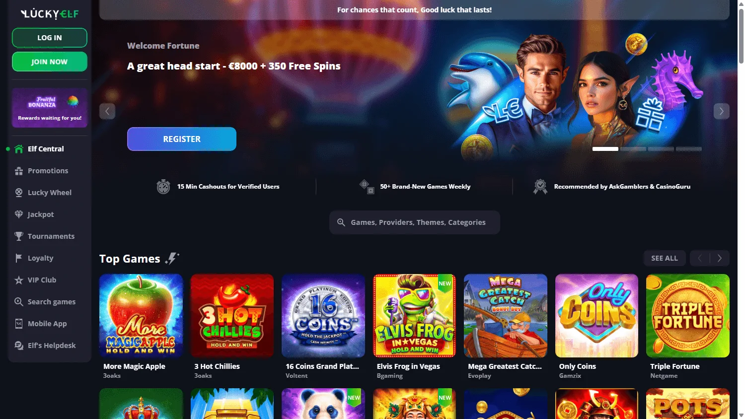 LuckyElf Casino desktop home screen with the casino offer